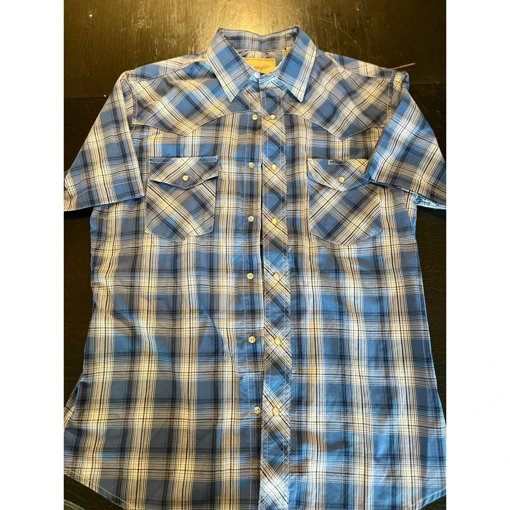 Wrangler Western Shirts Mens Blue Plaid Short Sleeve Snap Front Cowboy Shirt M - Picture 1 of 5
